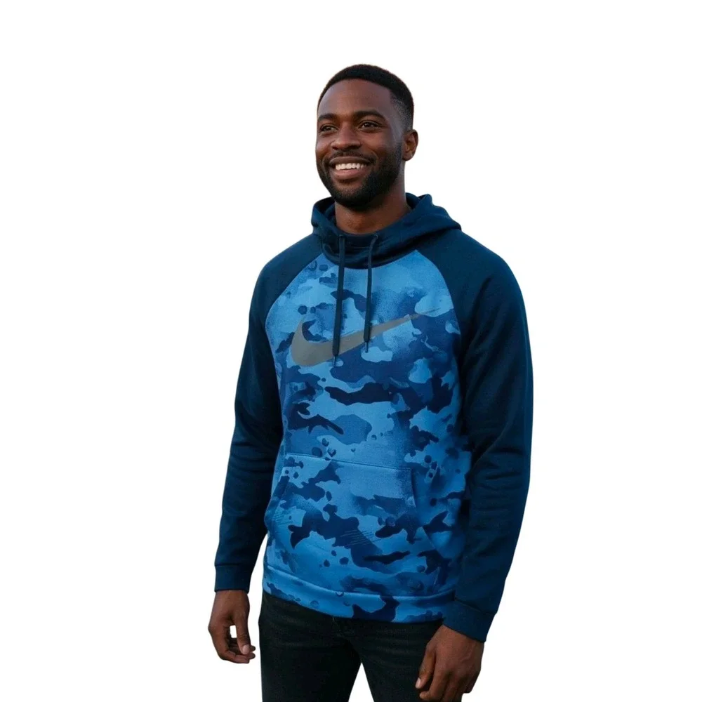 Nike Mens XXL Blue Camo Dri-FIT Hoodie Raglan Pullover Sweatshirt 445591-102931